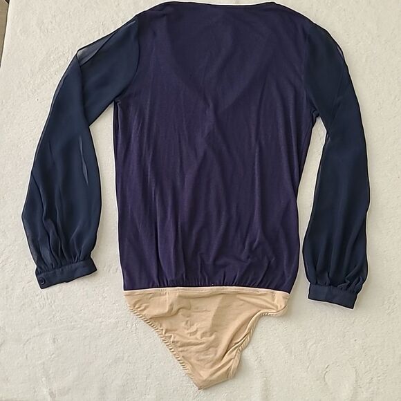 Boston Proper Navy Blue Wrap Bodysuit Long Sleeve Open Puff Sleeves XS Chiffon - Picture 6 of 6